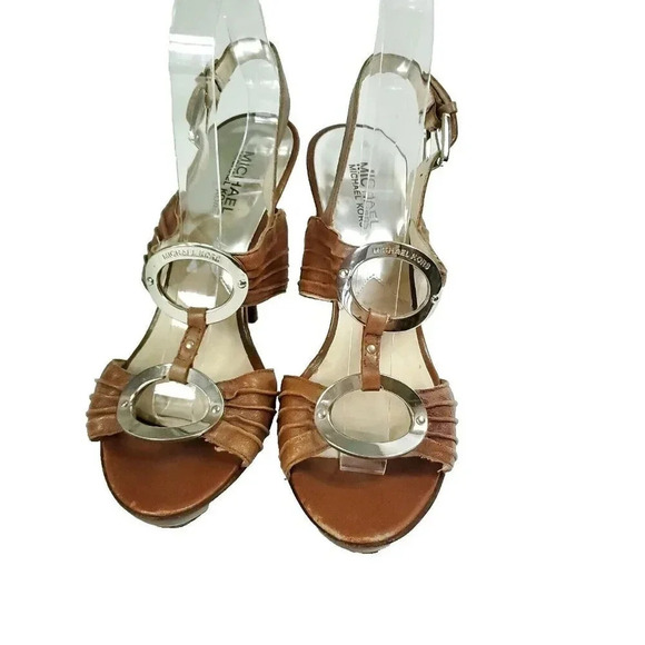 Michael Kors Bella Du Mod sandals brown size 9M leather silver strappy slingback - Picture 1 of 14